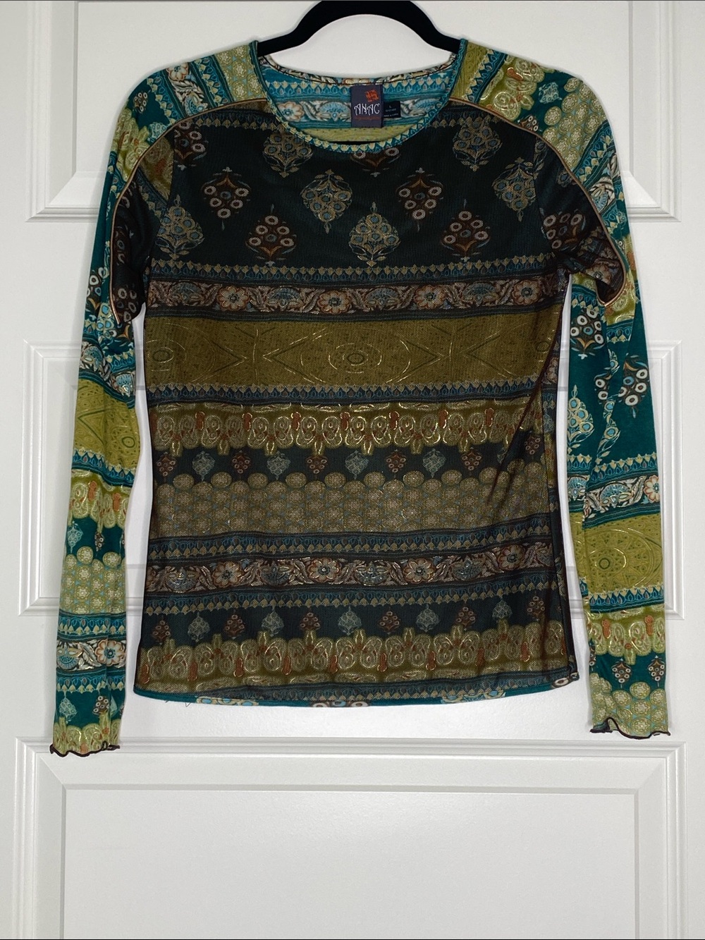 Anac y2k Teal, Olive & Black Long-Sleeve Printed Top with Mesh Overlay